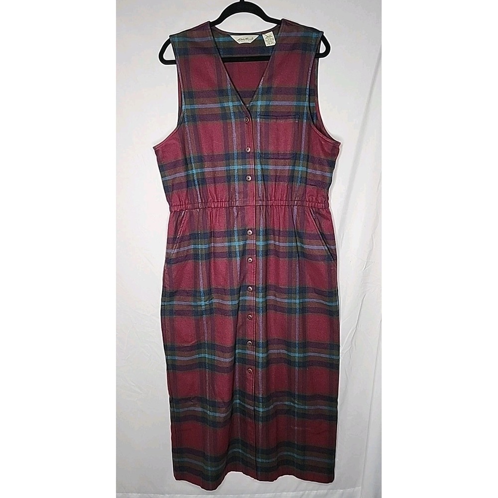 Vintage Eddie Bauer Jumper Womens Size Large Drk Red Green Navy Plaid Country